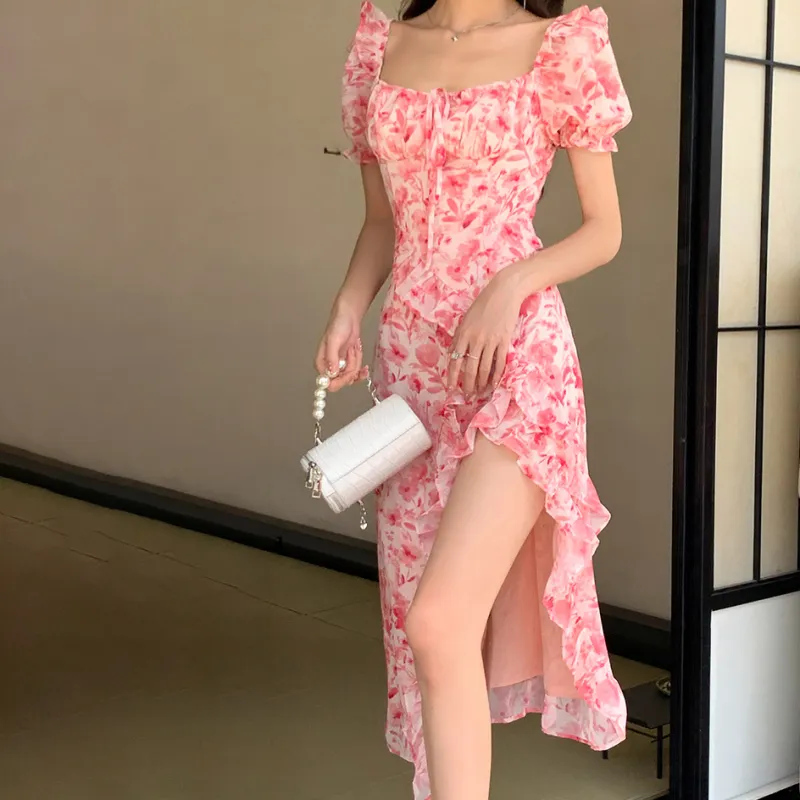 Short Sleeved Dress Women's Pink Long-9