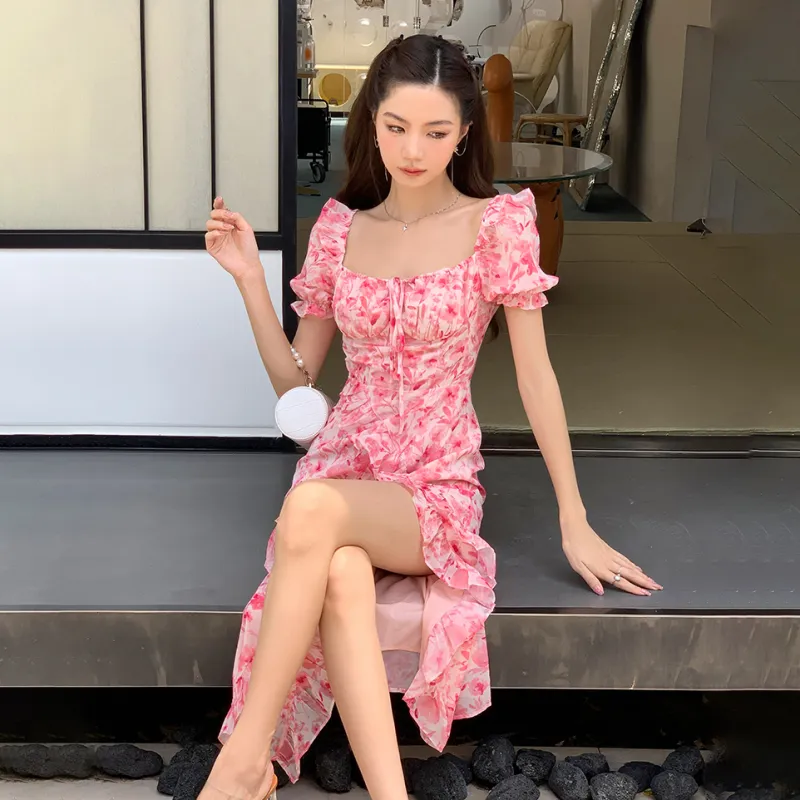 Short Sleeved Dress Women's Pink Long-5