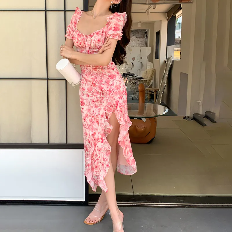 Short Sleeved Dress Women's Pink Long-12