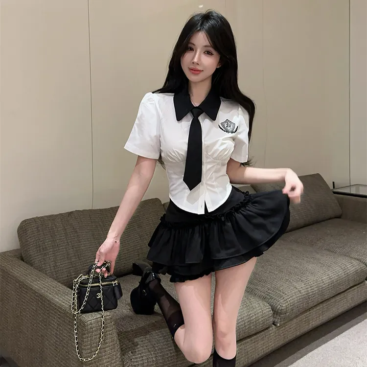 COVT Skirt Set Women's White Shirt Black Skirt Includes Tie-3