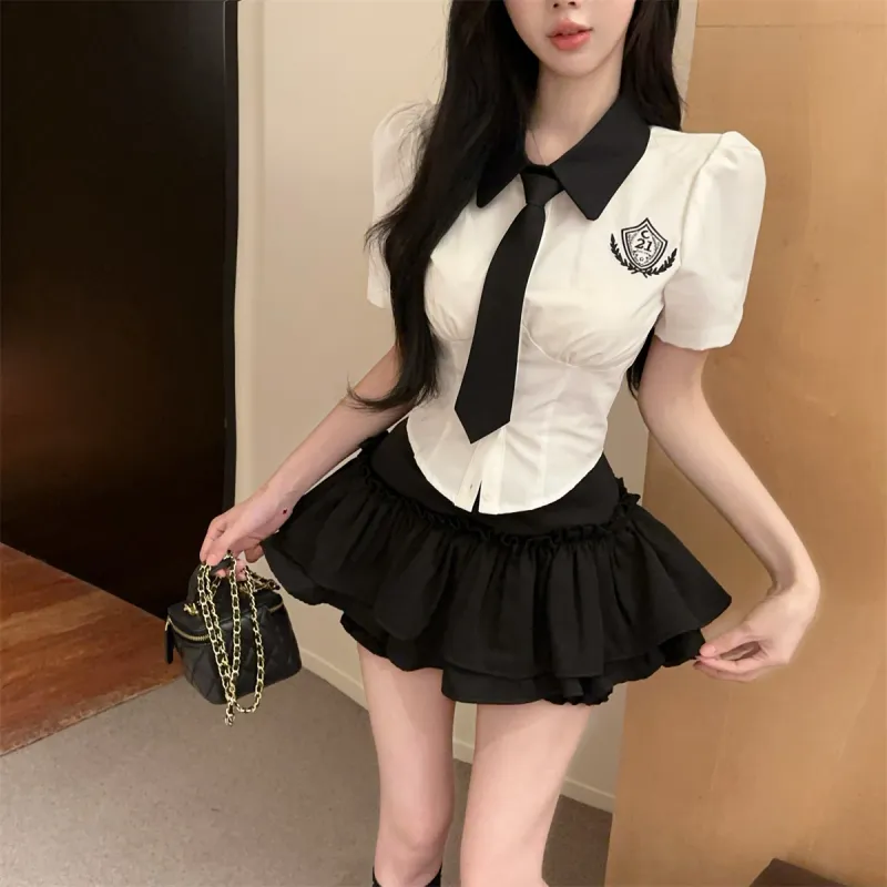 COVT Skirt Set Women's White Shirt Black Skirt Includes Tie-2