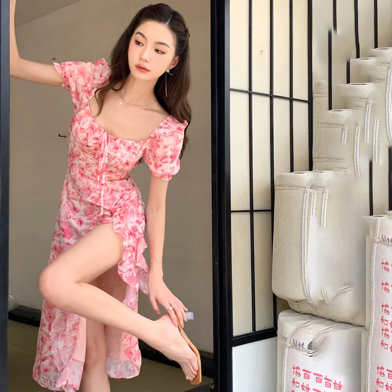 Short Sleeved Dress Women's Pink Long-13