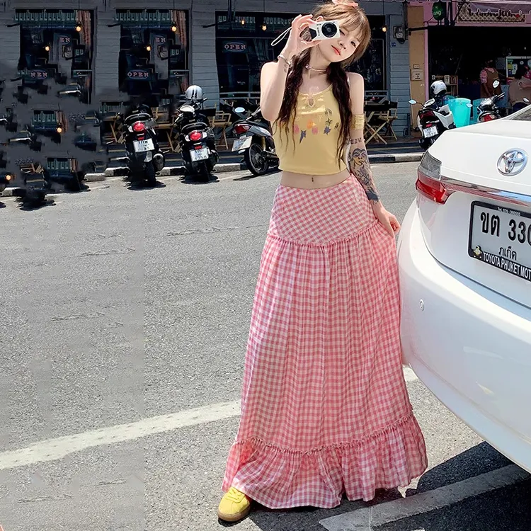 COVT Casual Long Skirt Women's Pink Plaid-3