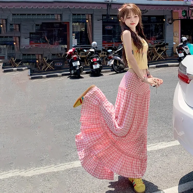 COVT Casual Long Skirt Women's Pink Plaid-5