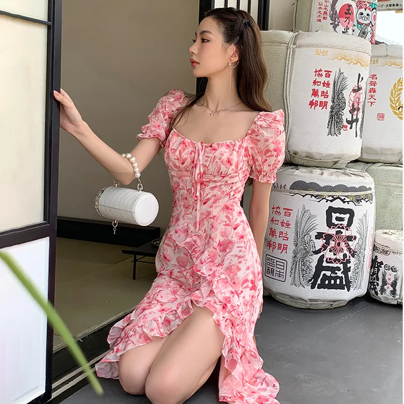 Short Sleeved Dress Women's Pink Long-4