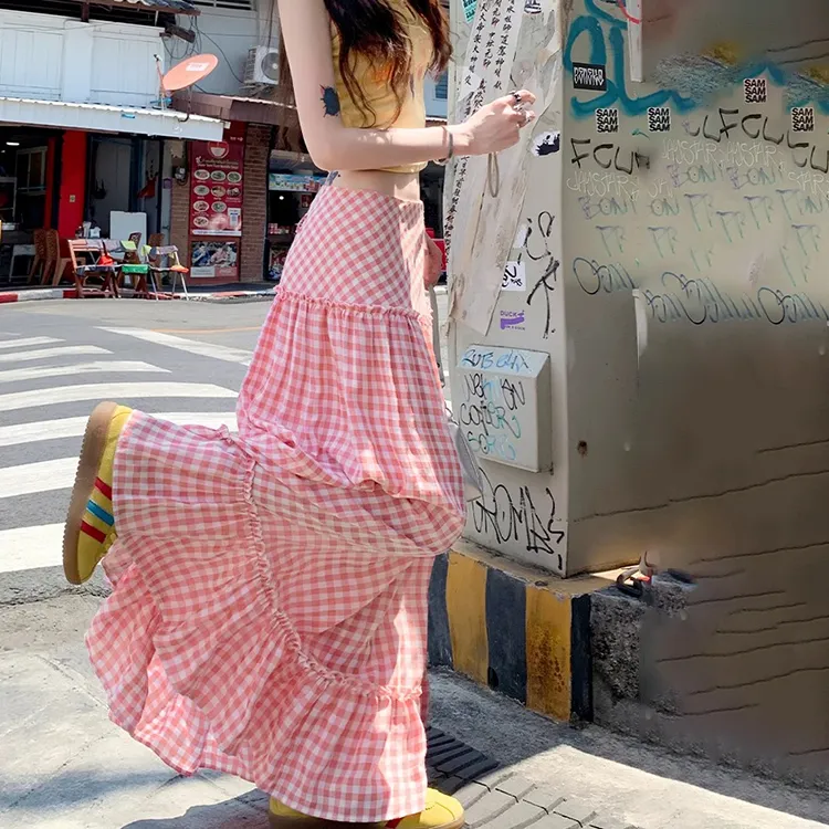 COVT Casual Long Skirt Women's Pink Plaid-2