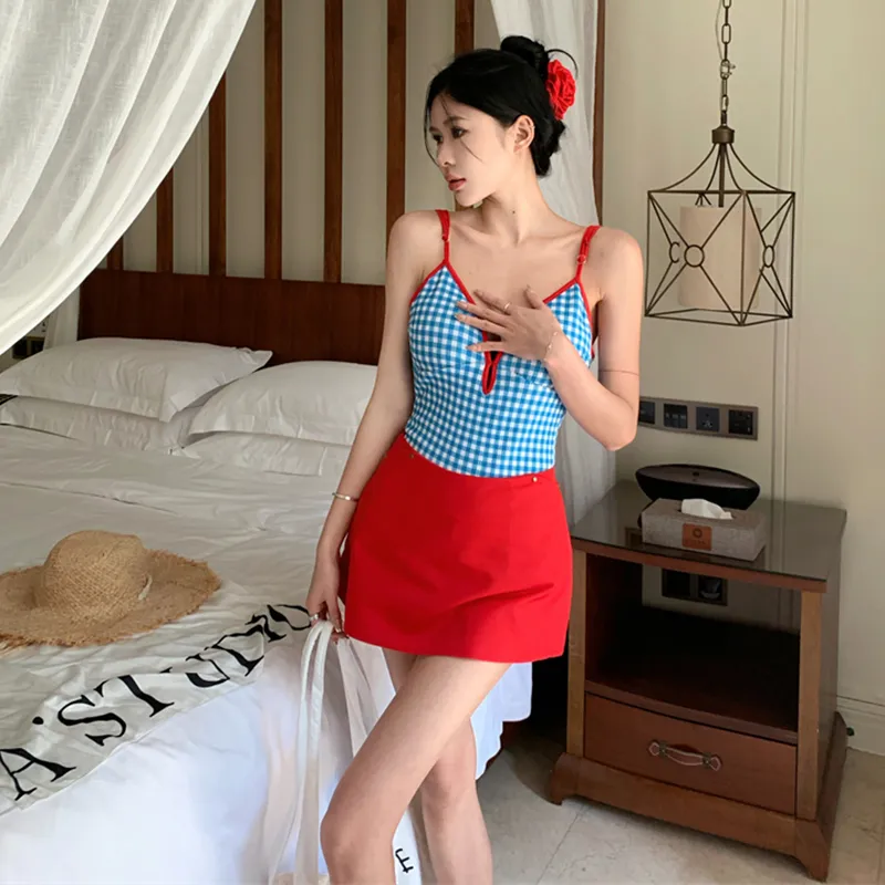 HAPG Skirt Set Women's One Piece Plaid Top/Red Skirt-3