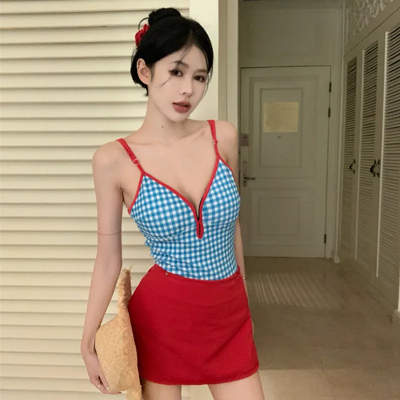 HAPG Skirt Set Women's One Piece Plaid Top/Red Skirt-1