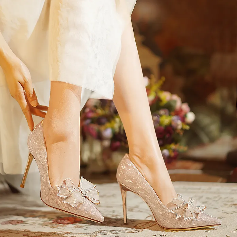 Holy Rose Slim Heel High Heels 10cm Women's Champagne Gold-1