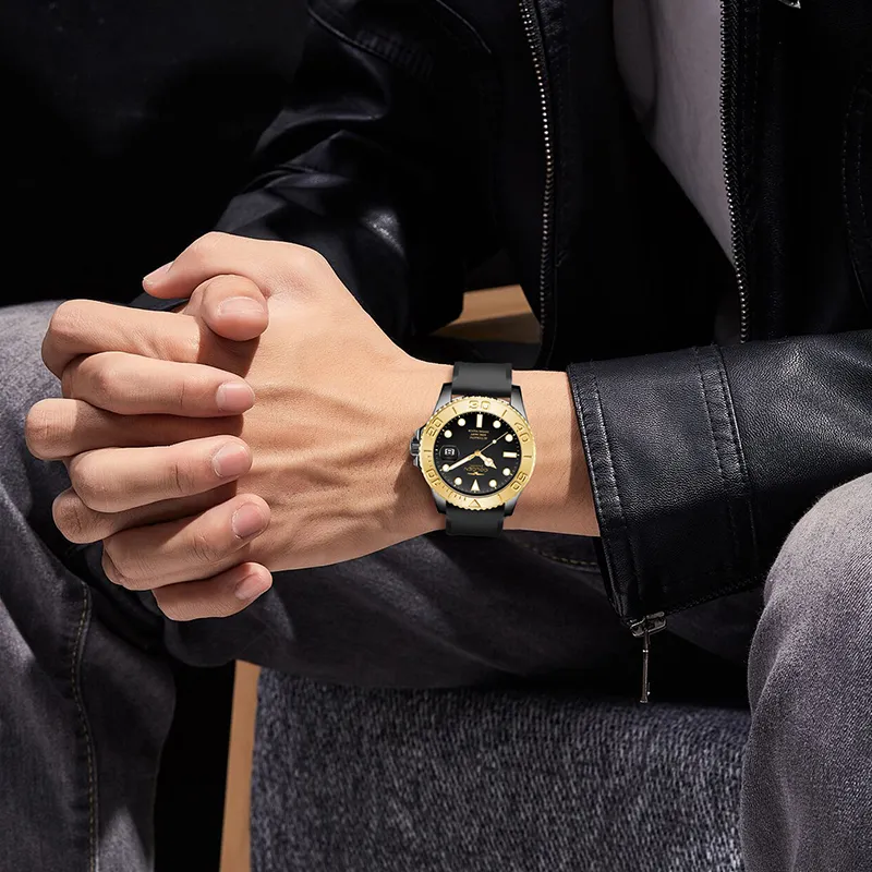 GOLGEN Auger Collection Automatic Mechanical Movement Silicone Strap Watch Men's Watches Black Dial-9