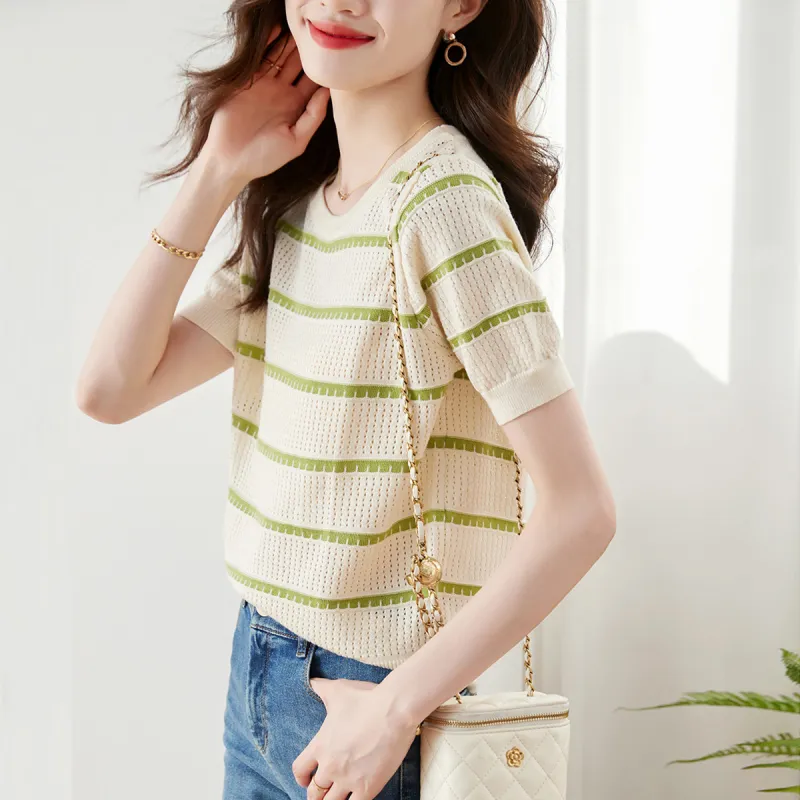 Huagaa Sweater Women's Green Stripes-5