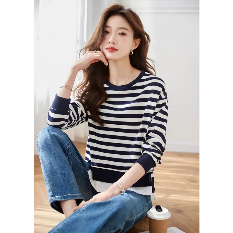 Huagaa Sweatshirts Women's Navy Blue Stripes-5