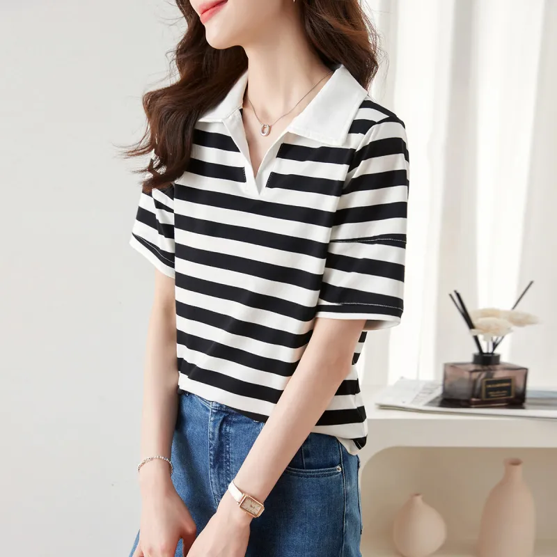 Huagaa T Shirt Women's Black White Stripes-4