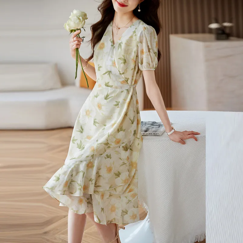 Huagaa Short Sleeved Dress Women's Yellow Floral-2