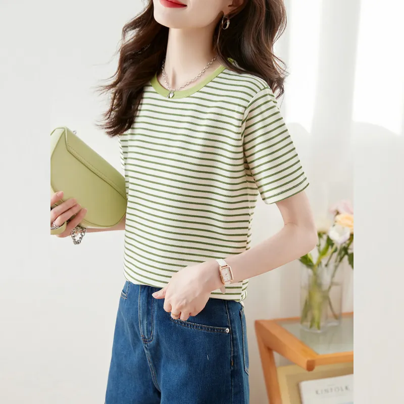 Huagaa T Shirt Women's Green Stripes-5