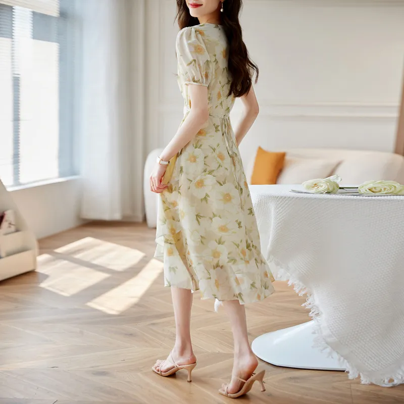 Huagaa Short Sleeved Dress Women's Yellow Floral-3