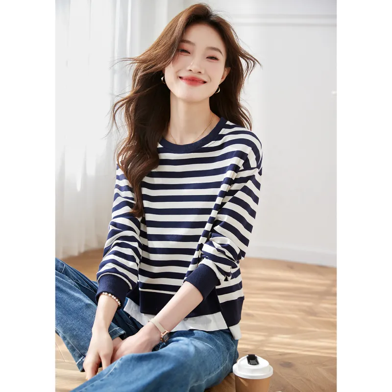 Huagaa Sweatshirts Women's Navy Blue Stripes-2