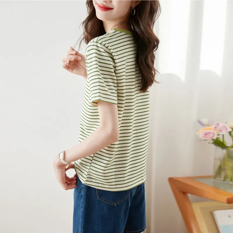 Huagaa T Shirt Women's Green Stripes-4