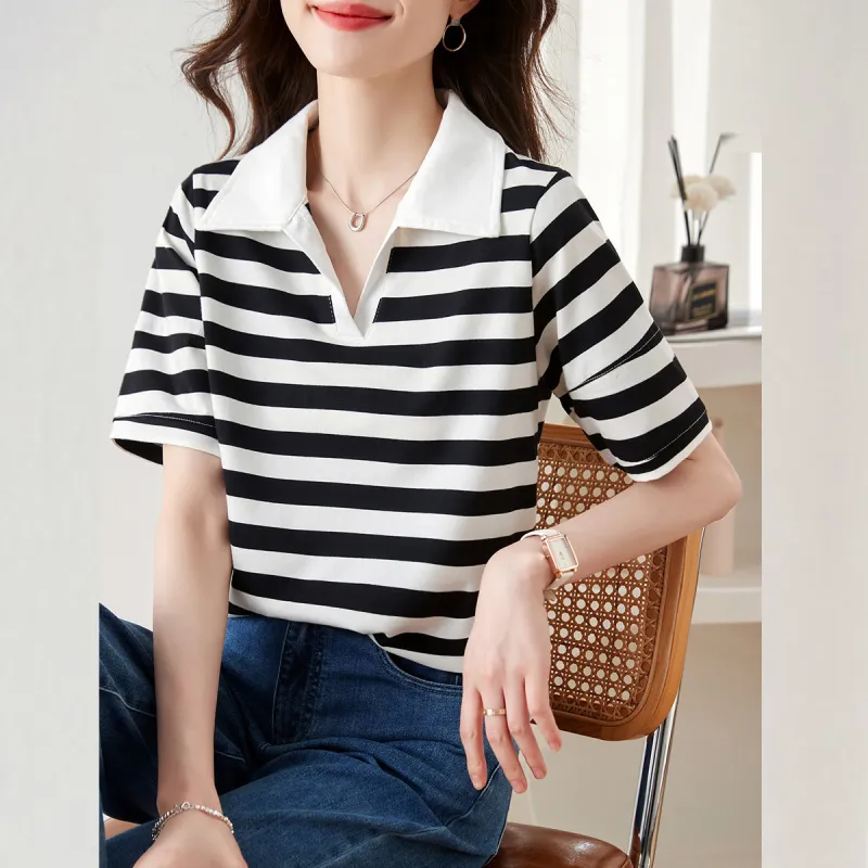 Huagaa T Shirt Women's Black White Stripes-3