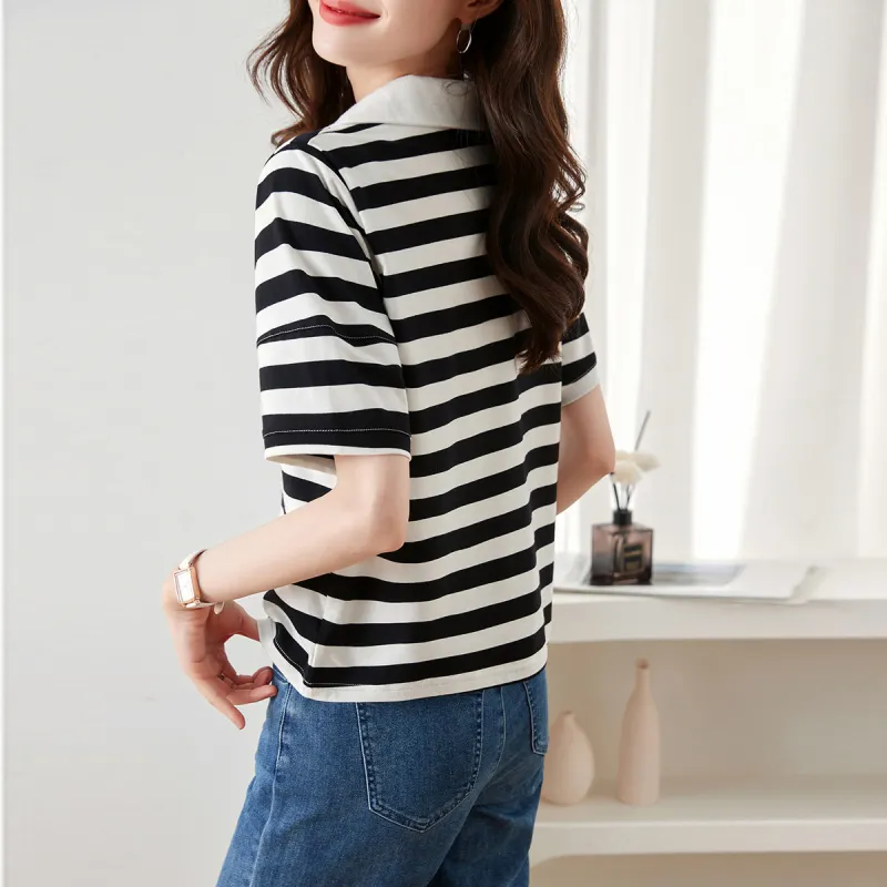 Huagaa T Shirt Women's Black White Stripes-2
