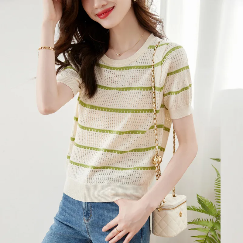 Huagaa Sweater Women's Green Stripes-6