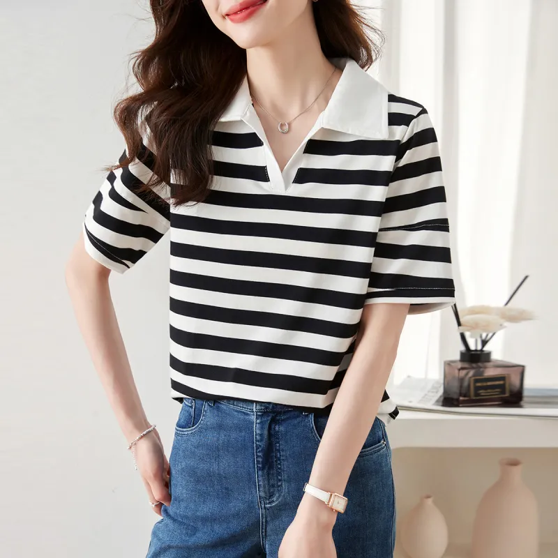 Huagaa T Shirt Women's Black White Stripes-6