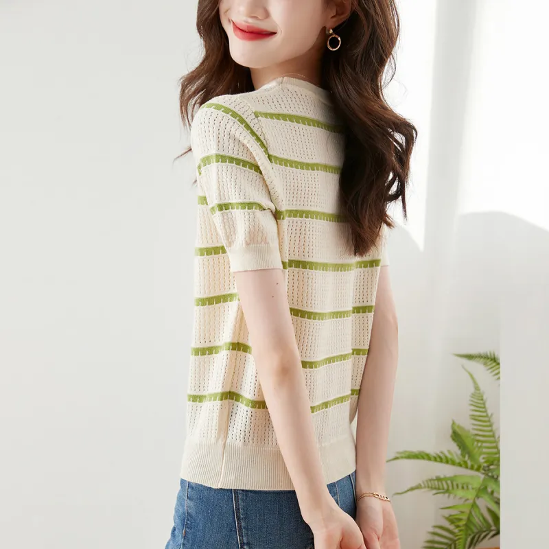 Huagaa Sweater Women's Green Stripes-3