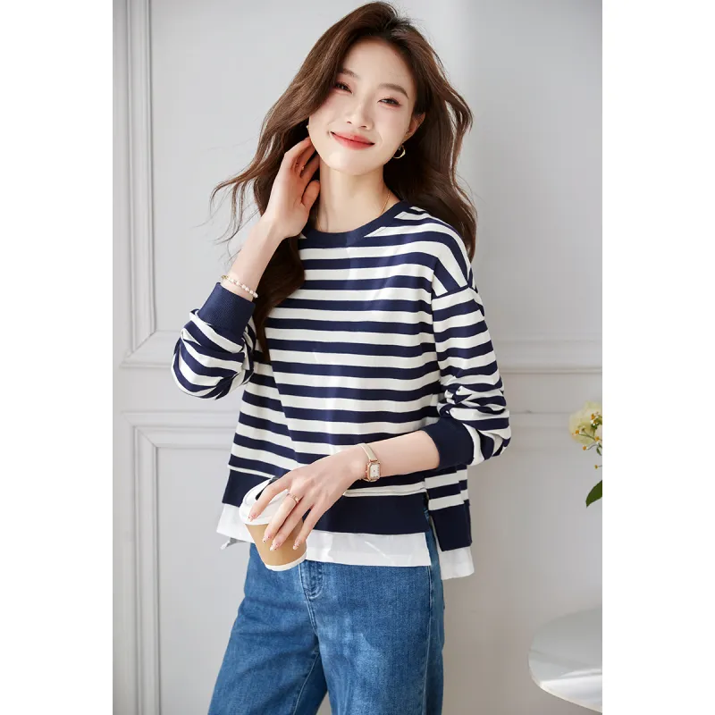 Huagaa Sweatshirts Women's Navy Blue Stripes-3