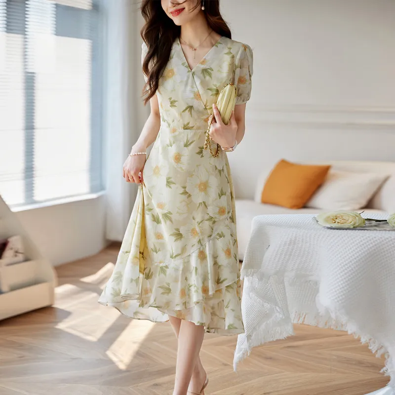 Huagaa Short Sleeved Dress Women's Yellow Floral-4