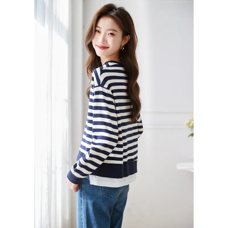 Huagaa Sweatshirts Women's Navy Blue Stripes-4