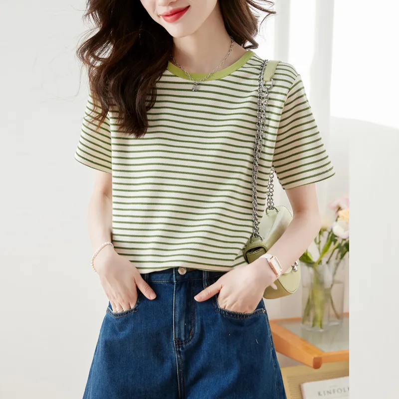 Huagaa T Shirt Women's Green Stripes-3