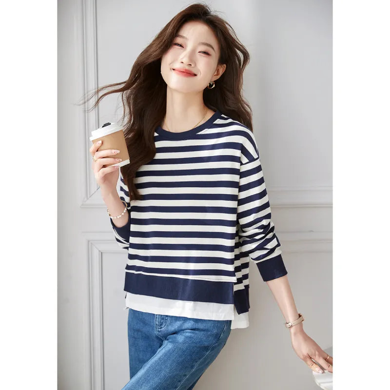 Huagaa Sweatshirts Women's Navy Blue Stripes-1