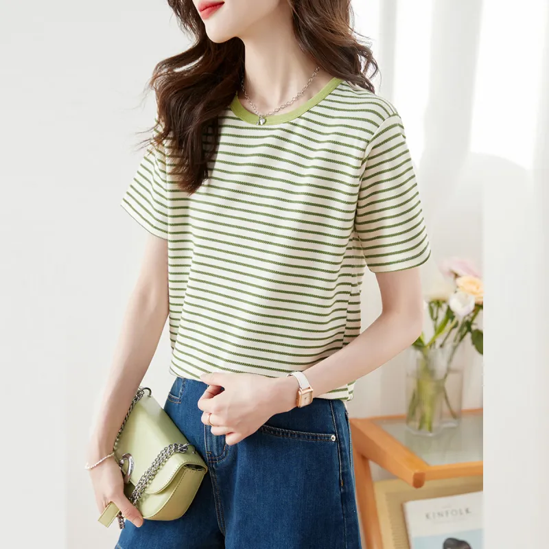 Huagaa T Shirt Women's Green Stripes-2