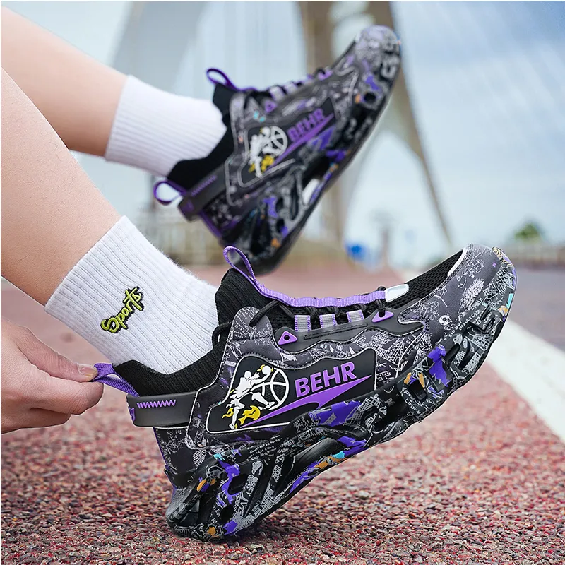 MEKY Cushioned Wear Resistant Breathable Slip Resistant Running Shoes Unisex Black Gold Purple-6