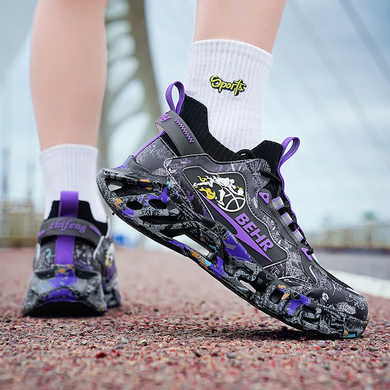 MEKY Cushioned Wear Resistant Breathable Slip Resistant Running Shoes Unisex Black Gold Purple-5