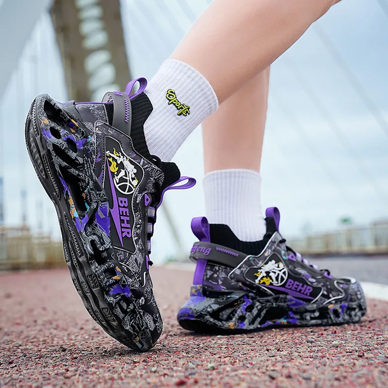 MEKY Cushioned Wear Resistant Breathable Slip Resistant Running Shoes Unisex Black Gold Purple-4