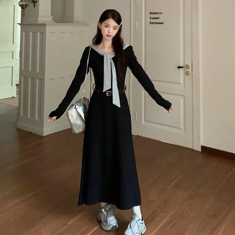 Long Sleeved Dress Style Women's Black With Belt Single Item-4