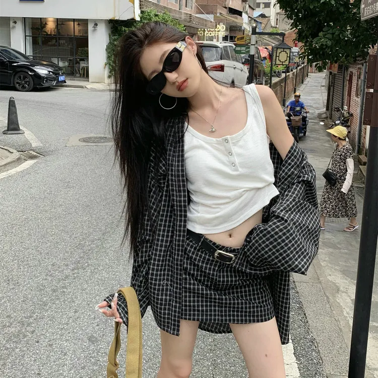 DOSOHEB Skirt Set Women's Black Plaid-3