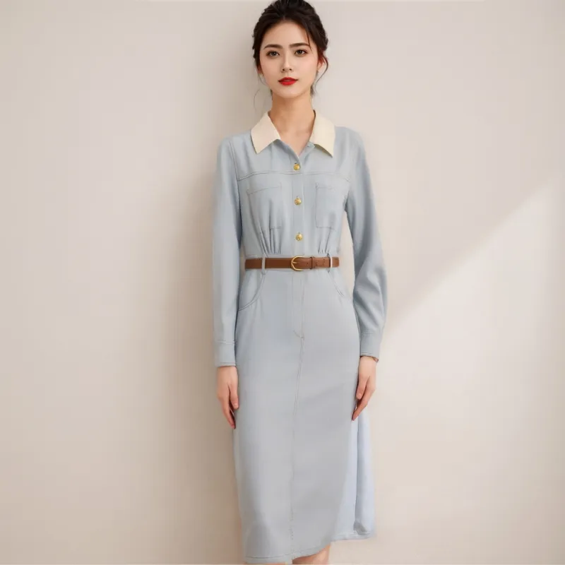 DOSOHEB Long-Sleeved Dresses Women's Light Blue-2