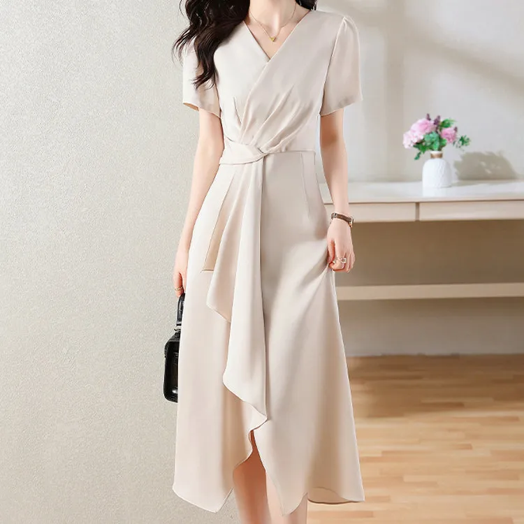 DOSOHEB Short Sleeved Dresses Women's Beige-2