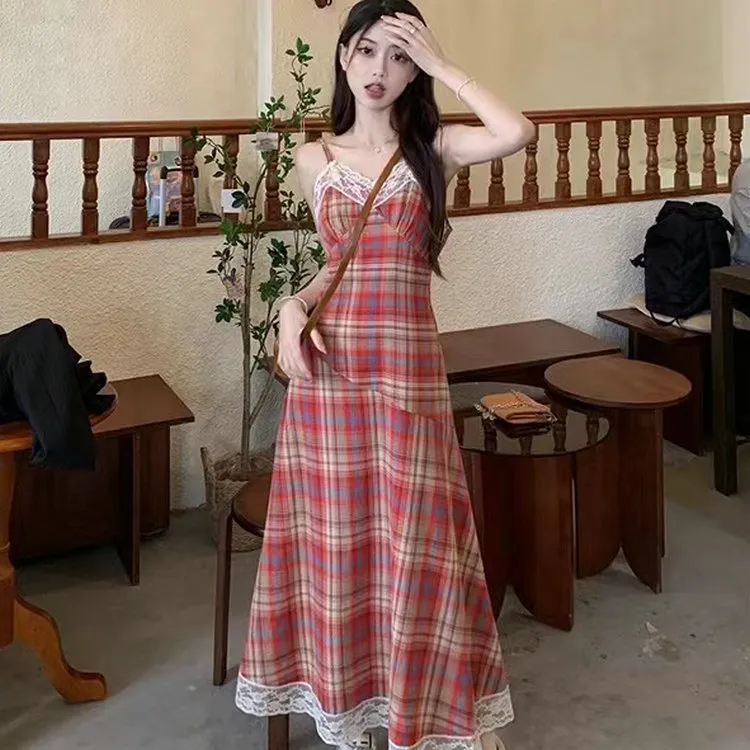 DOSOHEB Slip Dress Women's Red Plaid-4