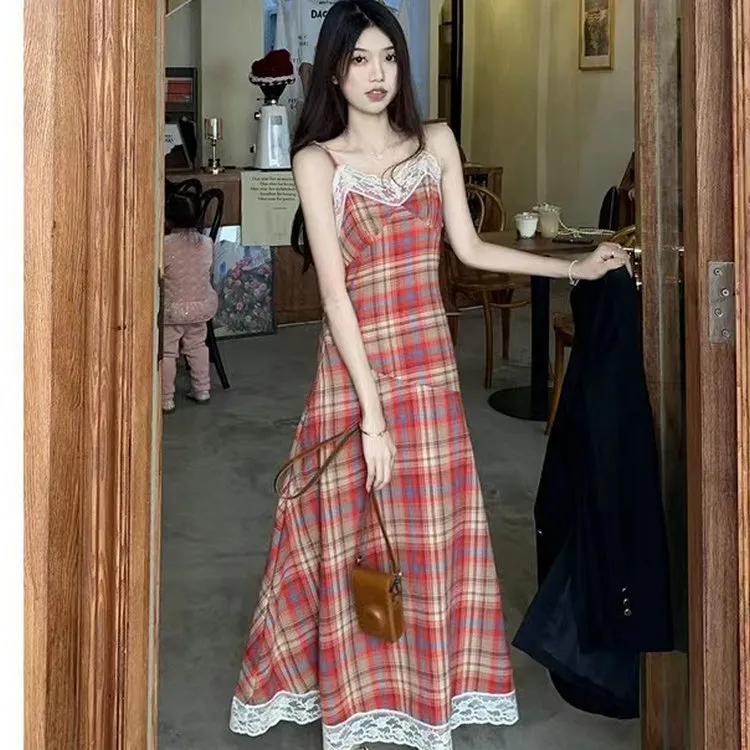 DOSOHEB Slip Dress Women's Red Plaid-2
