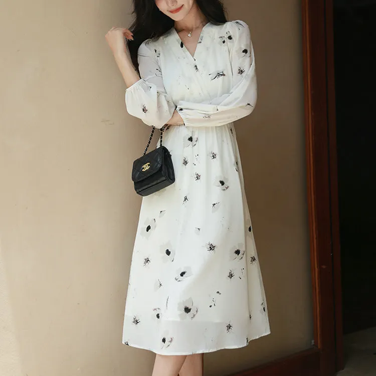 DOSOHEB Long-Sleeved Dresses Women's Watercolor White Tea-3