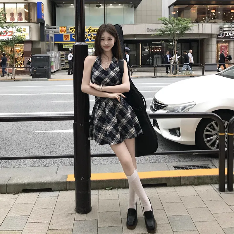 DOSOHEB Slip Dresses Women's Black White Plaid-5