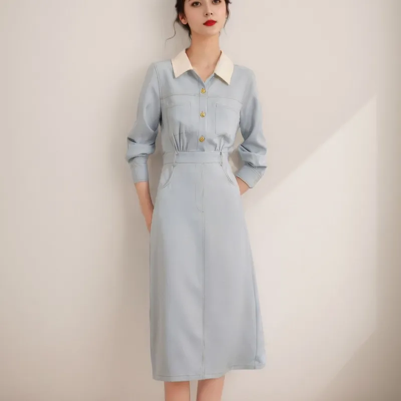 DOSOHEB Long-Sleeved Dresses Women's Light Blue-1