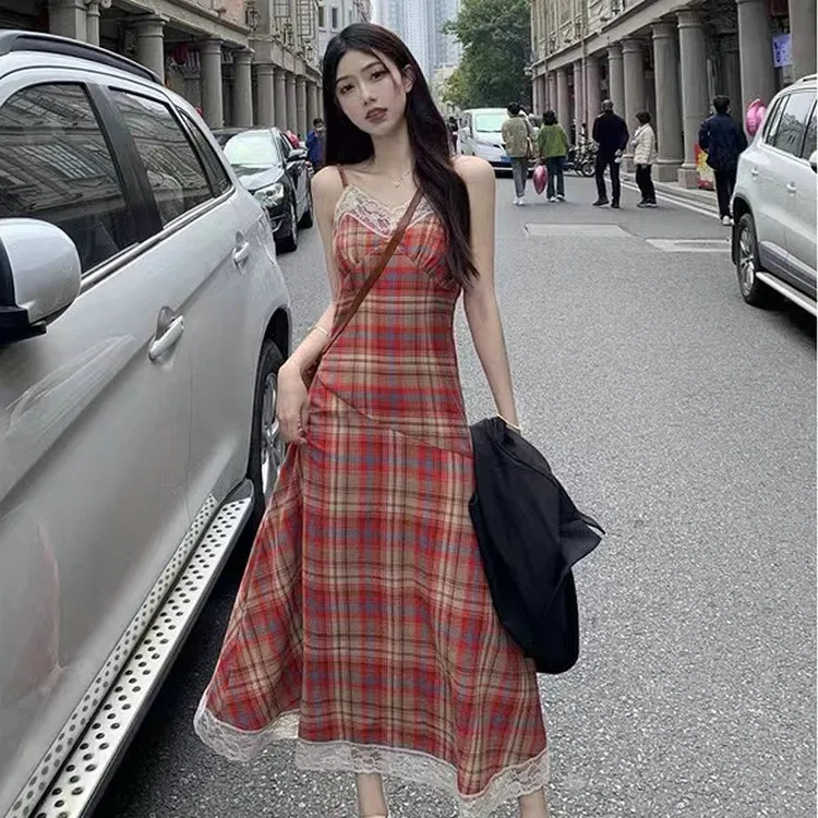 DOSOHEB Slip Dress Women's Red Plaid-3