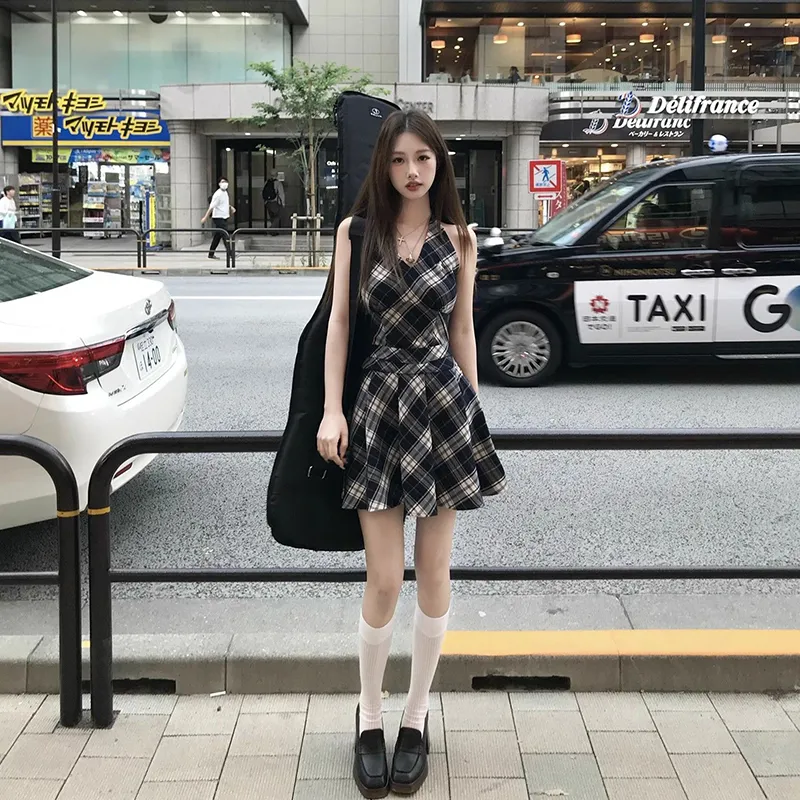 DOSOHEB Slip Dresses Women's Black White Plaid-2