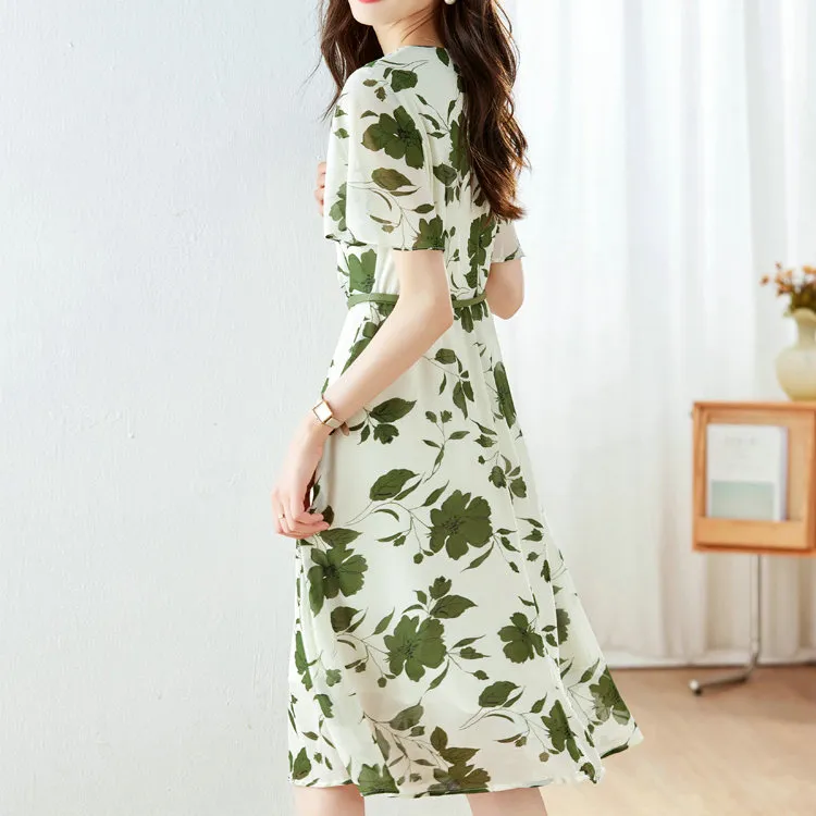 DOSOHEB Short-Sleeved Dresses Women's White Base With Green Floral Pattern-2