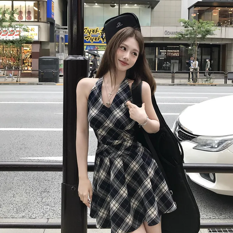 DOSOHEB Slip Dresses Women's Black White Plaid-6