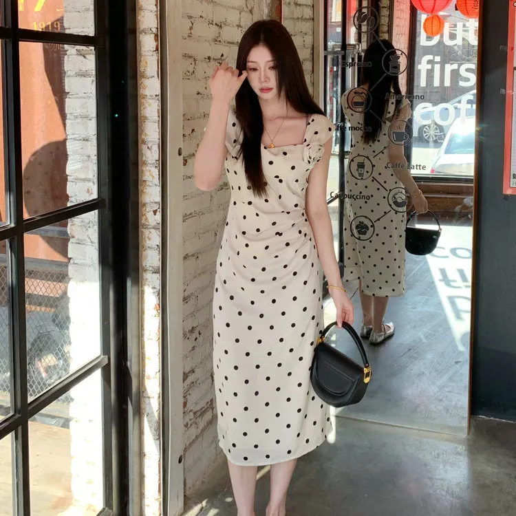 DOSOHEB Sleeveless Dress Women's Polka Dot Beige-3